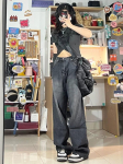 Vintažiniai juodi džinsai moteri&scaron;ki mai&scaron;eliai Y2K džinsai auk&scaron;tu liemeniu plačiomis džinsinėmis kelnėmis Korėjieti&scaron;kos gatvės apranga Retro Grunge Oversized