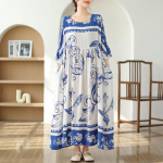 Trumpomis rankovėmis Didesnio dydžio medvilninė satino vintažinė gėlėta nauja suknelė moteri&scaron;ka laisvalaikio ilga vasarinė suknelė