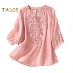 Vasariniai moteri&scaron;ki mar&scaron;kiniai V kaklo siuvinėjimai su gėlėmis Trijų ketvirčių rankovėmis laisvomis vientisos spalvos Retro Motina Vidutinio amžiaus moteri&scaron;ka kasdienė laisvalaikio palaidinė M &scaron;viesiai žalios spalvos