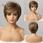 ALAN EATON Pixie Cut trumpų tiesių sintetinių plaukų perukai juodaodėms Afro Puffy Natural Brown Blond Highlight perukas su kirpčiukais