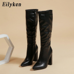 Eilyken Fashion Moteri&scaron;ki batai iki kelių Smailia nosimi Užtrauktukas Stambūs auk&scaron;takulniai Batai Rudens žiema moteri&scaron;ki ilgaauliai avalynė Batai 39 juoda