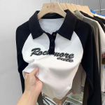 Amerikieti&scaron;ko retro stiliaus polo apykaklės mar&scaron;kinėliai ilgomis rankovėmis moterims, naujo dizaino rudeniui, ni&scaron;iniai, prigludę baziniai mar&scaron;kiniai M juoda