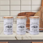 3 vnt virtuviniai kanistrai staliniams kavos arbatos cukraus indams, kaimi&scaron;kas vintažinis stiklainis, didelis