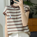 IHUASU moteri&scaron;ki vasariniai megzti trumpomis rankovėmis POLO mar&scaron;kinėliai su apykakle, dryžuoti, Tencel siuvinėjimo trumpomis rankovėmis, madingi laisvi mar&scaron;kinėliai M juoda