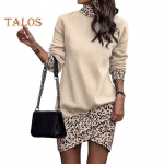 Pavasario rudens moteri&scaron;ka suknelė su auk&scaron;ta apykakle, netaisyklingu apvadu, leopardo marginimu, ilgomis rankovėmis, laisvomis pasimatymų mini suknelė L auksinė