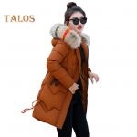 Žieminė moteri&scaron;ka medvilninė striukė su pūkuotu gobtuvu, kaklo apsaugos ki&scaron;enėmis vidutinio ilgio užtrauktuku Užsegamas pamink&scaron;tintas paltas Vienspalvis vėjui atsparus vir&scaron;utinis drabužis Parka