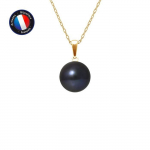 PERLINEA - Pendentif - V&eacute;ritable Perle de Culture d'Eau Douce Bouton 9-10 mm Noire - Or Jaune - Cha&icirc;ne Offerte - Bijoux Femme