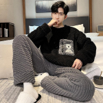 Auk&scaron;tesnės kokybės storintos &scaron;iltos flanelinės plius dydžio vyri&scaron;kos pižamos žieminiai naktiniai drabužiai poilsio drabužiai dryžuoti miegui Naminiai drabužiai Animacinis lokys M