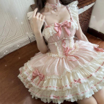 Japoni&scaron;ka saldi lolita Jsk tinklelio suknelė moterims Kawaii nėriniai kaspinas raukiniai arbatos vakarėlio suknelės Harajuku miela rožinė princesės mini tortas L