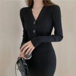 Rudens žiemos moteri&scaron;kos suknelės mygtukai V formos i&scaron;kirpte megzti vakarėliui ilgomis rankovėmis balta ilga suknelė Bodycon laisvalaikio eleganti&scaron;kos moteri&scaron;kos suknelės Harajuku L juoda