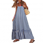 Boho berankovė maksi suknelė moterims vasarinė laisva atvira nugara ilga suknelė kasdieninė paplūdimio raukinių klostuota saulės suknelė S mėlyna