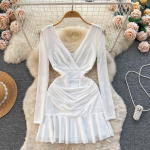 Moterų vasaros pavasario elastingumo suknelė ilgomis rankovėmis, spalvota &bdquo;Soild V&ldquo; formos i&scaron;kirpte, laisvalaikio formos &bdquo;A&ldquo; linijos mini ilgio suknelė auk&scaron;tu juosmeniu L