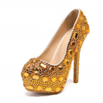 Madingi 14cm prabangūs vestuviniai bateliai su perlų gėlėmis, pilni cirkonio, su platforma, auk&scaron;takulniai, individualūs nuotakos bateliai, Pelenės 34 geltona