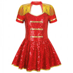 Girls Honor Guard Circus Dress Costumes Shiny Sequin Gold Tassel Epaulets Built in Briefs Performance Wear 15-16 Years raudona