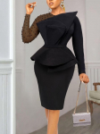 AOMEI White Bodycon suknelės su kaklu su karoliukais ilgomis rankovėmis Peplum iki kelių vakarinės kokteilinės vakarėlio suknelės moterims 1XL juoda
