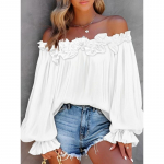 Eleganti&scaron;ki Madingi Laisvalaikio Off-the-shoulder Moteri&scaron;ki Mar&scaron;kiniai Ilgomis Rankovėmis Laisvi Paprasti Rifuoti Mar&scaron;kiniai Biuro Moterų Vir&scaron;utiniai Drabužiai Vienspalviai Vir&scaron;utiniai Drabužiai S balta