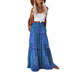 Moteri&scaron;kas maksi sijonas, elastingas rai&scaron;telis auk&scaron;tu juosmeniu, laisvas didelis apvadas, A-linija, klostuotas vintage Boho etninio ra&scaron;to atostogų sijonas L