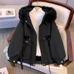 Moteri&scaron;ka žieminė madinga striukė netikro kailio apykaklė Negabaritinis ilgas paltas su gobtuvu &scaron;iltas pamu&scaron;alas Moteri&scaron;ka striukė Parkas Mujer XXXL juoda