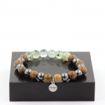 Pierres et Min&eacute;raux. Bracelet Perles Prehnite d'Afrique + H&eacute;matite + bois 8 mm. Fabriqu&eacute; en France.