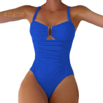 Moteri&scaron;kas monokinis V formos i&scaron;kirpte, be rankovių, rauktas, auk&scaron;tu liemeniu, vientisas bikinis, vienspalvis, greitai džiūstantis maudymosi kostiumėlis S žalia