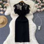 Nėriniai suri&scaron;ta juoda biuro suknelė Prancūzi&scaron;ko stiliaus vasarinė moteri&scaron;ka su užtrauktuku O kaklu Eleganti&scaron;kos moteri&scaron;kos suskirstytos, plonos kūno spalvos suknelės L