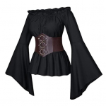 Moteri&scaron;ka palaidinė su korsetu, viduramžių piratų stiliaus, atvira pečiams, nereguliariomis platėjančiomis rankovėmis, žiedlapių kra&scaron;tu, festivalio pasirodymui, cosplay kostiumas M juoda