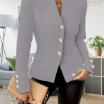 Eleganti&scaron;kas, madingas ir kasdienis dviejų sagų vienspalvis kostiumas ilgomis rankovėmis L &scaron;viesiai pilka spalva