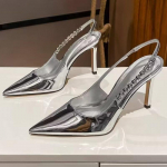 Blizgūs Auk&scaron;takulniai Slingback Moteri&scaron;ki Bateliai Metaliniai Kristaliniai Basutės Smailus Pir&scaron;tas Stiletto Kulniuku Batai Sidabriniai &Scaron;ventiniai Suknelės Batai Moteris 35 sidabras