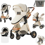 Poussette 3 en 1 B&eacute;b&eacute; Combin&eacute;e Si&egrave;ge-Auto Nacelle Trio R&eacute;versible R&eacute;glable Haute Qualit&eacute; Roues increvables Canne blanc.Bazarland30 balta