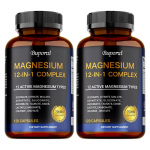 Magnio 12-in-1 kompleksinės kapsulės, 700 mg porcijoje, kuriose yra magnio glicinato, magnio citrato ir magnio malato mi&scaron;inio. 120*2 black