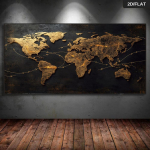 Moderni abstrakti auksinė pasaulio žemėlapio freska su jungiančiomis rodyklėmis, su juoda ir auksine metaline apdaila, tinkama svetainei (as the picture,50x100cm No Frame)