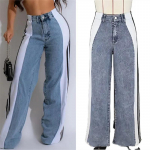 Mados dryžuotos džinsinės kelnės su plačiomis kojomis, moteri&scaron;kos, auk&scaron;to juosmens, tiesios kelnės, laisvalaikio stiliaus, moteri&scaron;kos kelnės XXL