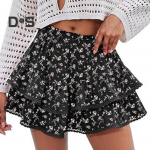 Moteri&scaron;kas torto sijonas auk&scaron;tu juosmeniu, dviejų sluoksnių, su raukiniais, bohemi&scaron;kas mini sijonas su elastine juosmens juosta, nėriniuotu kra&scaron;tu L juoda