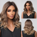 Juodas sintetinių plaukų perukas su auksiniais akcentais vidutinio ilgio banguoti perukai moterims, kar&scaron;čiui atsparūs Cosplay Daily Balayage netikri plaukai Wig LC2001-1