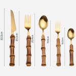 Bambuko rankenos nerūdijančio plieno stalo įrankių rinkinys Medinis &scaron;auk&scaron;to ir &scaron;akutės peilių rinkinys minimalistinis auksas 5PCS