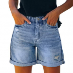 Moteri&scaron;ki džinsiniai &scaron;ortai auk&scaron;tu juosmeniu, plė&scaron;yti, atlenktais kra&scaron;tais, vasariniai, dėvėti, tampūs, kar&scaron;ti džinsiniai &scaron;ortai M