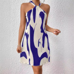 Moteri&scaron;ka vasarinė eleganti&scaron;ka ra&scaron;tuota klostuota suknelė su kabančiu kaklu ir sūpynėmis. Personalizuota trumpa suknelė be petne&scaron;ėlių. L mėlyna