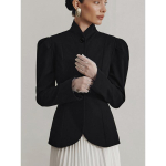 Rudeninis ir žieminis eleganti&scaron;kas pūstų rankovių &scaron;varkas moterims, prancūzi&scaron;kas eleganti&scaron;kas retro stovimas apykaklės juodas &scaron;varkelis S juoda