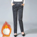 Kelnės moterims Pamink&scaron;tintos pastorintos rudeninės ir žieminės velvetės auk&scaron;tu juosmeniu Vidutinio amžiaus moteri&scaron;kos kelnės dryžuotos aksominės laisvalaikio tiesios kelnės XL pilka