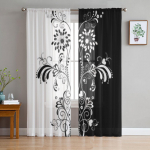 Juodos ir baltos gėlių spalvos permatomos užuolaidos svetainei &Scaron;iuolaikinės Voile tiulio langų užuolaidos miegamojo virtuvės užuolaidoms 135W x 114H(cm)
