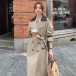 Moteri&scaron;kas naujo dizaino kontrastingų spalvų ilgas lietpaltis moterims dvieilis su rai&scaron;teliu vir&scaron;us S chaki