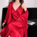 Moteri&scaron;ki naktinukų komplektas, ilgas chalatas, pižama, seksualūs naktinukai su nėriniuotais kra&scaron;tais, pižama, pavasario ir vasaros &scaron;ilko atlaso namų drabužiai M