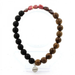 Pierres et Min&eacute;raux. Bracelet Rhodochrosite du Br&eacute;sil + Perles Onyx noir mat + bois 8 mm. Fabriqu&eacute; en France.