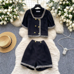 Vasaros Moterų Gėlės Sagos Tvido Kelnės Kostiumai Moterims Dvikrūtis &Scaron;varkas Vir&scaron;ūnės + &Scaron;ortai Dviejų Dalių Rinkinys S juoda