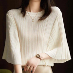 Madingi laisvi balti megzti mar&scaron;kiniai su &scaron;ik&scaron;nosparnio rankovėmis Eleganti&scaron;ki pusrankoviai Korėjos stiliaus laisvalaikio miela moteri&scaron;ka palaidinė Blusas 27618 L