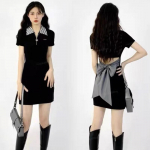 Korėjieti&scaron;ka juoda languota suknelė, moteri&scaron;ka &bdquo;kpop&ldquo; polo apykakle &bdquo;Bodycon Wrap&ldquo; mini trumpos suknelės Madingi, ploni drabužiai S juoda
