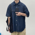 Japoni&scaron;kas Retro Mados Prekės Ženklas Vasariniai Laisvi Džinsiniai Mar&scaron;kiniai Trumpomis Rankovėmis Meninis Jaunimo Darbo Drabužių Mar&scaron;kiniai Vyri&scaron;ka ir Moteri&scaron;ka Daugiasluoksnė Striukė M tamsiai mėlyna spalva