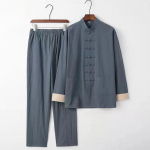 Vyri&scaron;ka vintažinė palaidinė kini&scaron;ko stiliaus pavasario rudens ilgomis rankovėmis medvilninio lino kostiumas kini&scaron;kas Tai Chi džentelmeno zen drabužių rinkinys S tamsiai pilka spalva