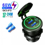 Greito įkrovimo 3.0 dvigubas USB greitas automobilinis įkroviklis, atsparus vandeniui 12v/24v Qc3.0 maitinimo lizdas su jutikliniu jungikliu ir LED lempute mėlyna