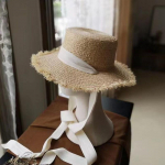 Vasaros moterų paplūdimio rafija juoda balta juostelė skrybėlė lankas rafija kepurė Temperamento plok&scaron;čia kepurė &scaron;iaudinės kepurės Moteri&scaron;ka pajūrio kepurė 53-58cm juoda